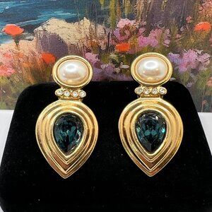 Ice Blue and Diamante Pearl Statement CLIP Earrings